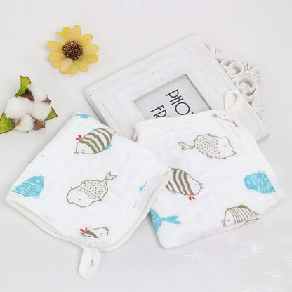 Baby Square Towel 6 Layer Gauze Cartoon Printed Cute High Temperature Wash Wrinkling Saliva Baby Face Towels Edge Hanging Buckle