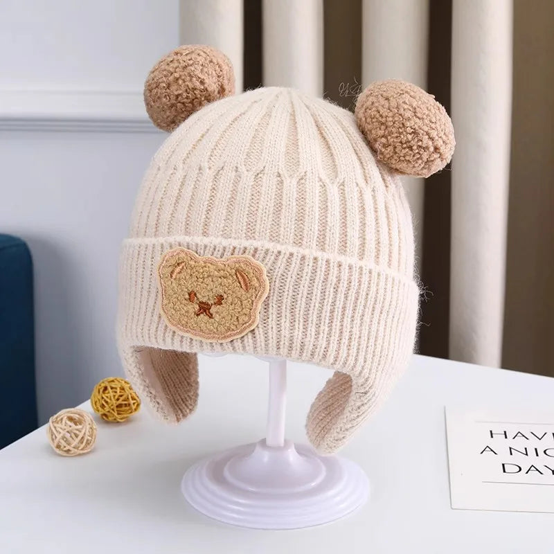 Baby Wool Hat Cute Bear Ear Protection Hat Children Winter Thickened Warm Knitted Korean Version of the Baby Hat