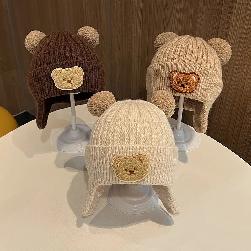 Baby Wool Hat Cute Bear Ear Protection Hat Children Winter Thickened Warm Knitted Korean Version of the Baby Hat