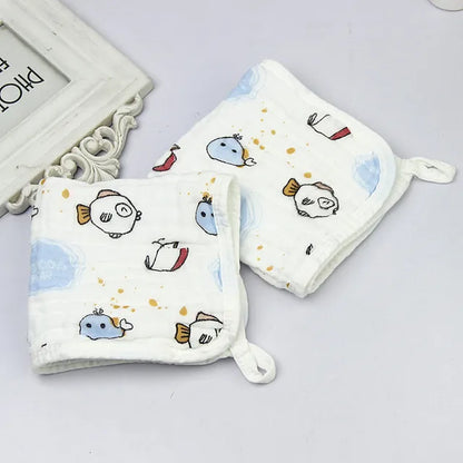 Baby Square Towel 6 Layer Gauze Cartoon Printed Cute High Temperature Wash Wrinkling Saliva Baby Face Towels Edge Hanging Buckle