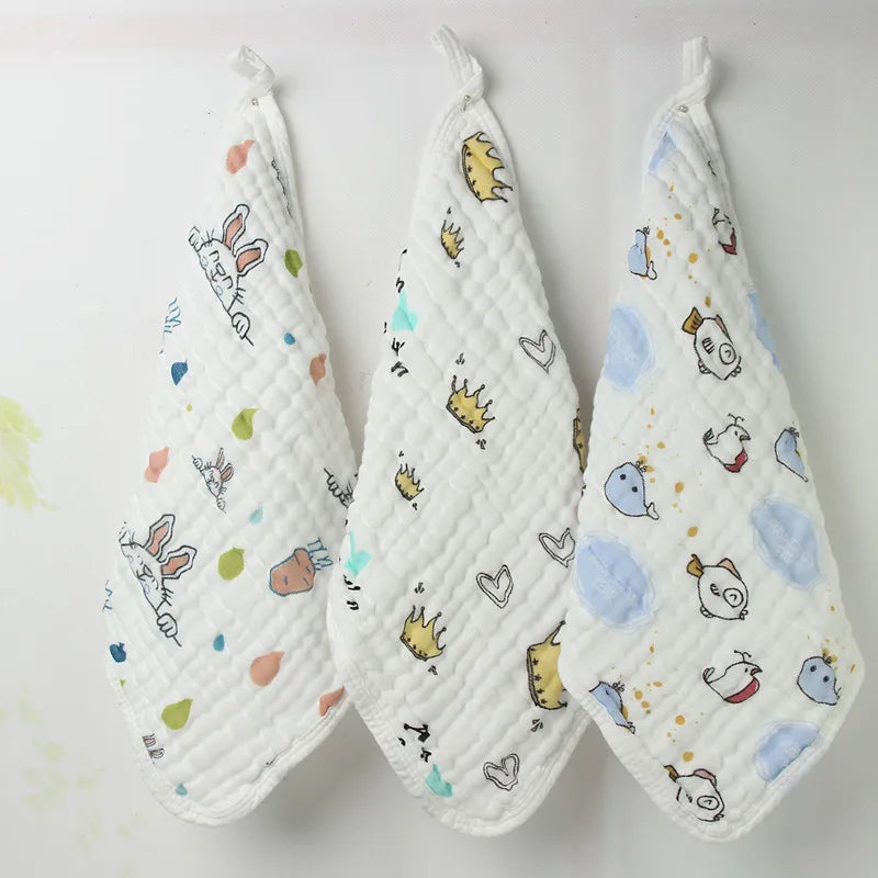 Baby Square Towel 6 Layer Gauze Cartoon Printed Cute High Temperature Wash Wrinkling Saliva Baby Face Towels Edge Hanging Buckle