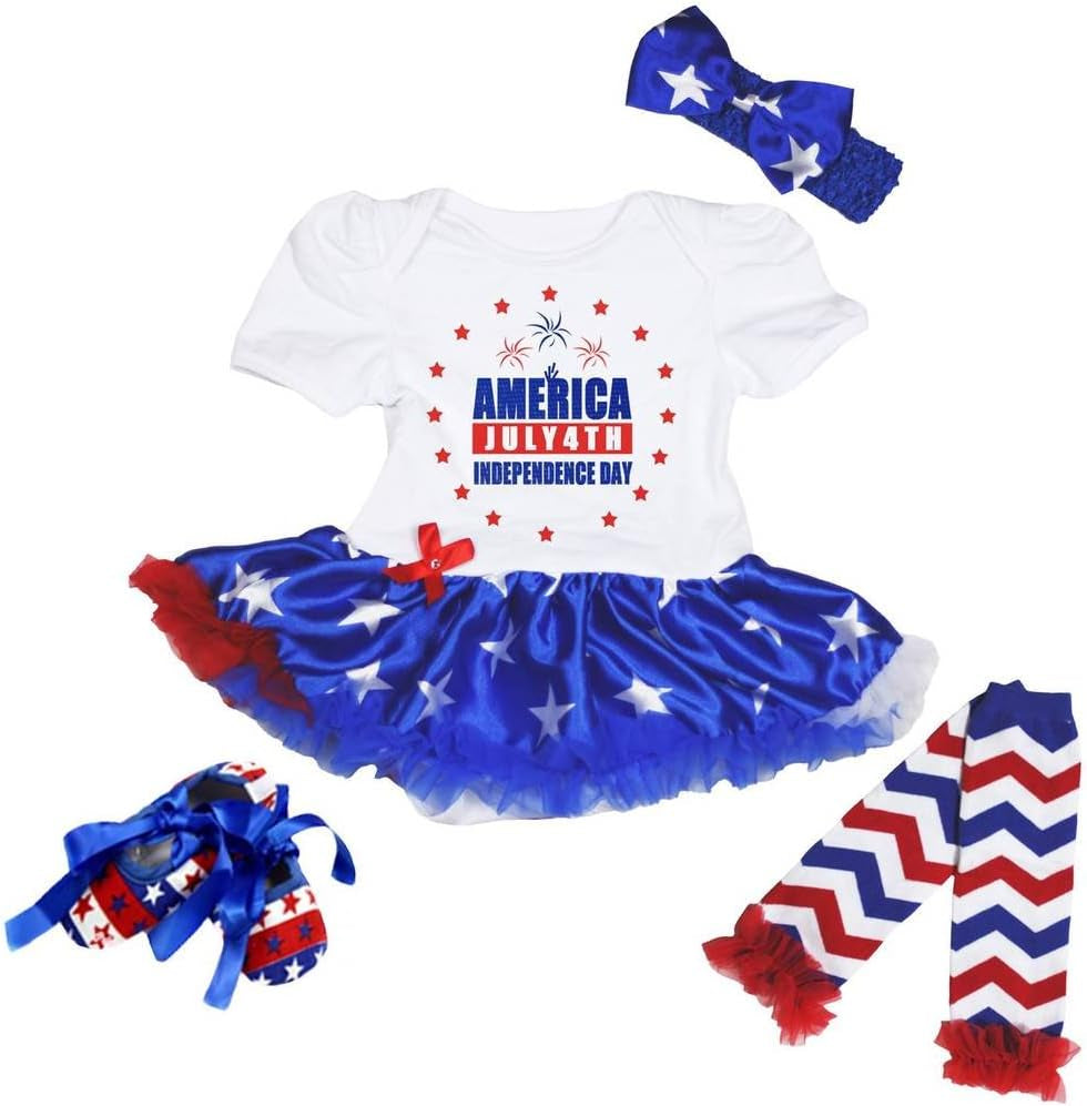 America Independence Day Bodysuit Blue Stars Dress Legs Shoes Nb-18M