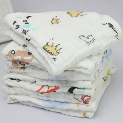 Baby Square Towel 6 Layer Gauze Cartoon Printed Cute High Temperature Wash Wrinkling Saliva Baby Face Towels Edge Hanging Buckle