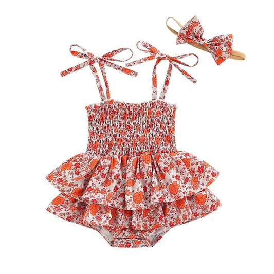 Lovely Summer Baby Girls Rompers Dress Suits Sleeveless Flower Bandage Double Layer Jumpsuits Dress Headband Holiday Outfits