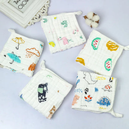 Baby Square Towel 6 Layer Gauze Cartoon Printed Cute High Temperature Wash Wrinkling Saliva Baby Face Towels Edge Hanging Buckle