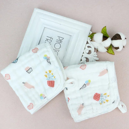 Baby Square Towel 6 Layer Gauze Cartoon Printed Cute High Temperature Wash Wrinkling Saliva Baby Face Towels Edge Hanging Buckle