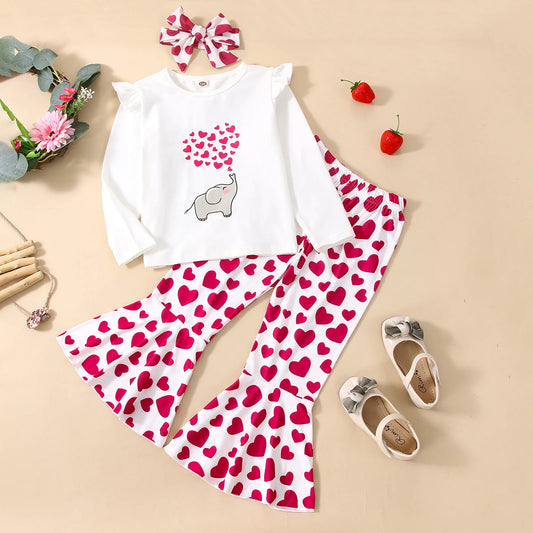 Valentines Days 3Pcs Baby Girls Clothes Sets 1-5Y Elephant Heart Printed Fly Sleeve Tops+Flare Pants Headband