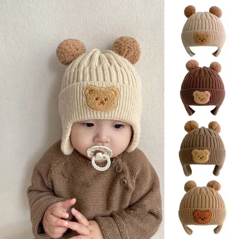 Baby Wool Hat Cute Bear Ear Protection Hat Children Winter Thickened Warm Knitted Korean Version of the Baby Hat